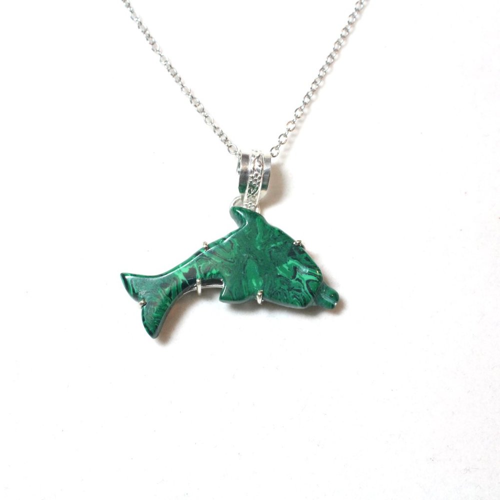 🐬 Green Malachite Silver Wrapped Carved Dolphin Handmade Pendant Necklace